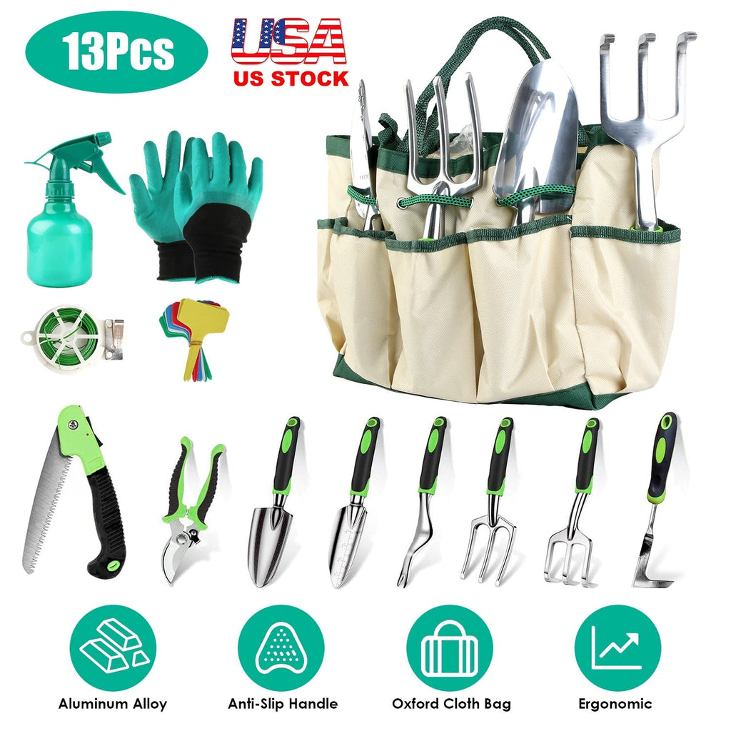 13Pcs Garden Tool Set Aluminum Alloy Gardening Hand Tools Starter Kit With Garden Bag Heavy Duty Outdoor Hand Tools With Non-Slip Ergonomic Handle For