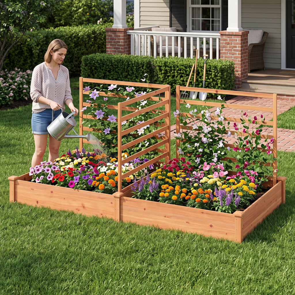 Raised Garden Bed with 2 Planter Boxes and 3 Trellis-Natural